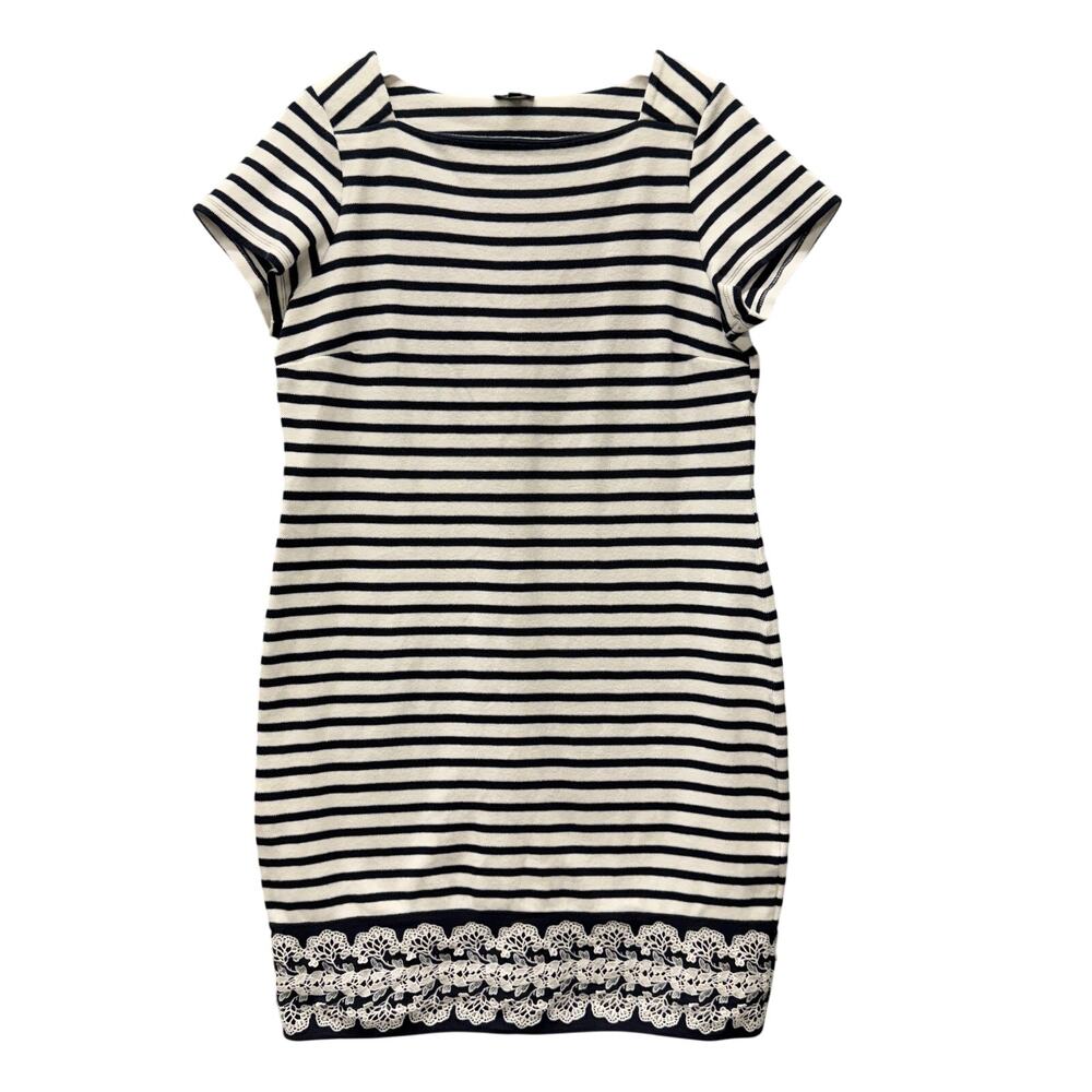 Talbots Navy and White Striped Short Sleeve Knit Dress with Lace Hem